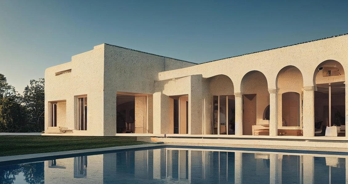 The outside of a white Mediterranean house, in the sunshine, with a pool in front of it.