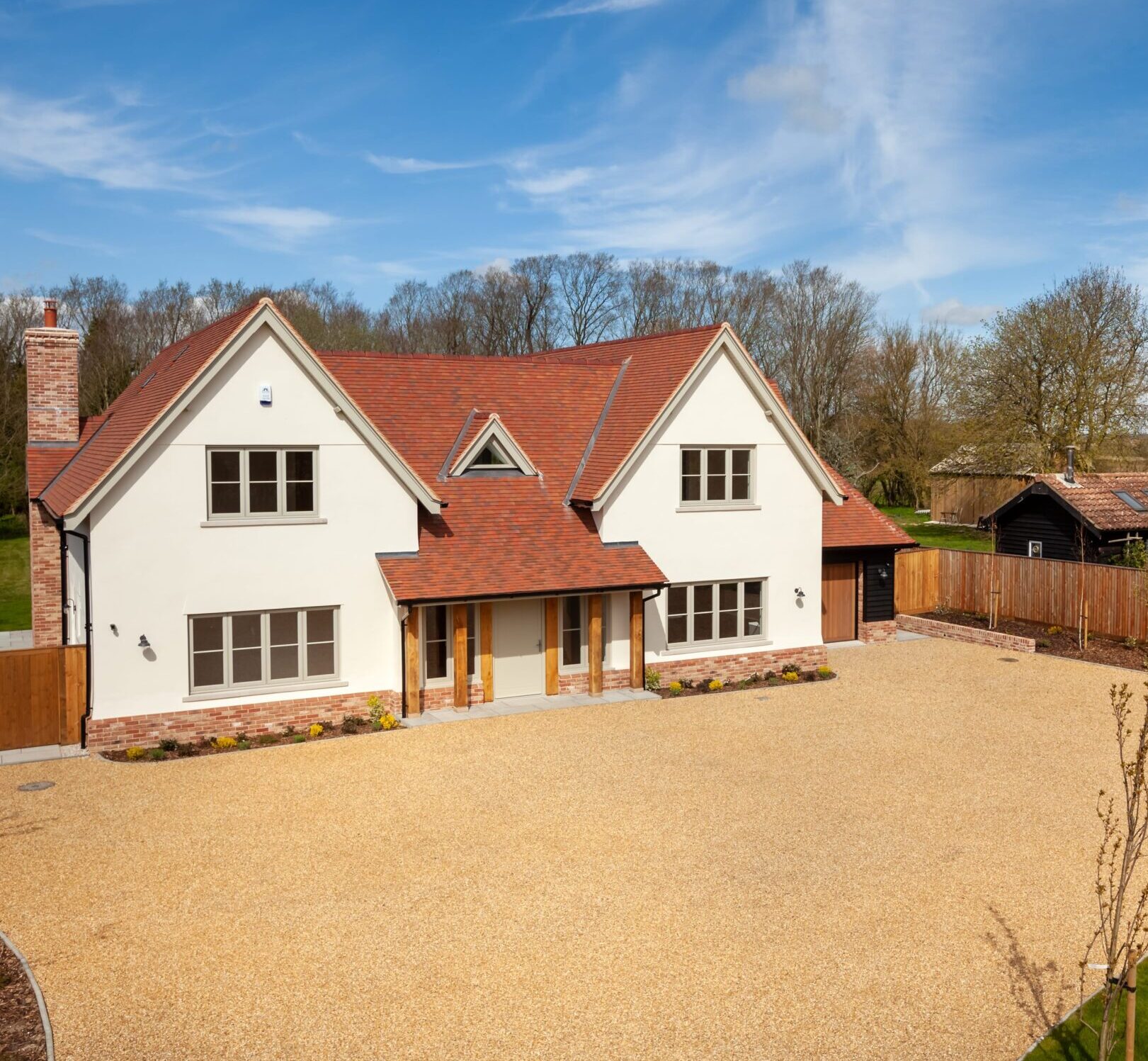 Large country house surrounded by gravel and blue sky